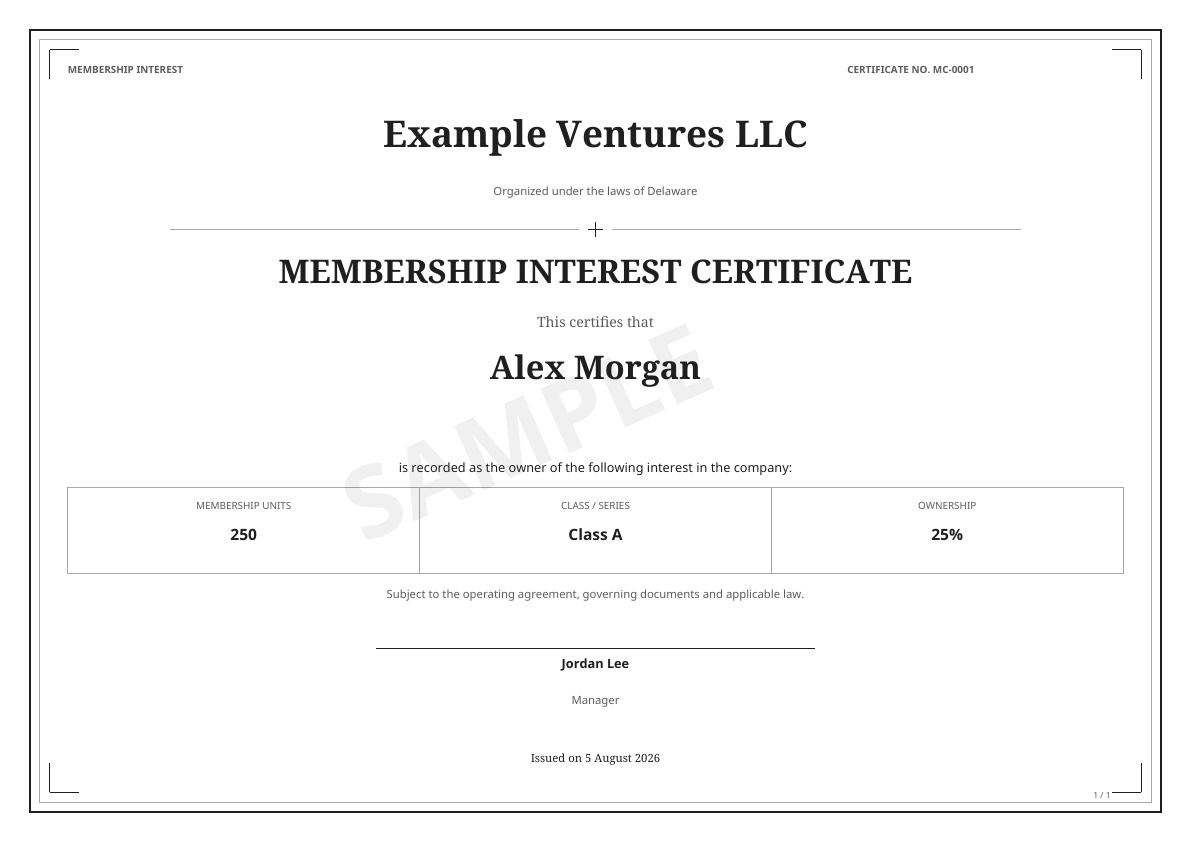 Fictional Example Ventures LLC certificate for Alex Morgan, showing 250 Class A units and a 25 percent interest.